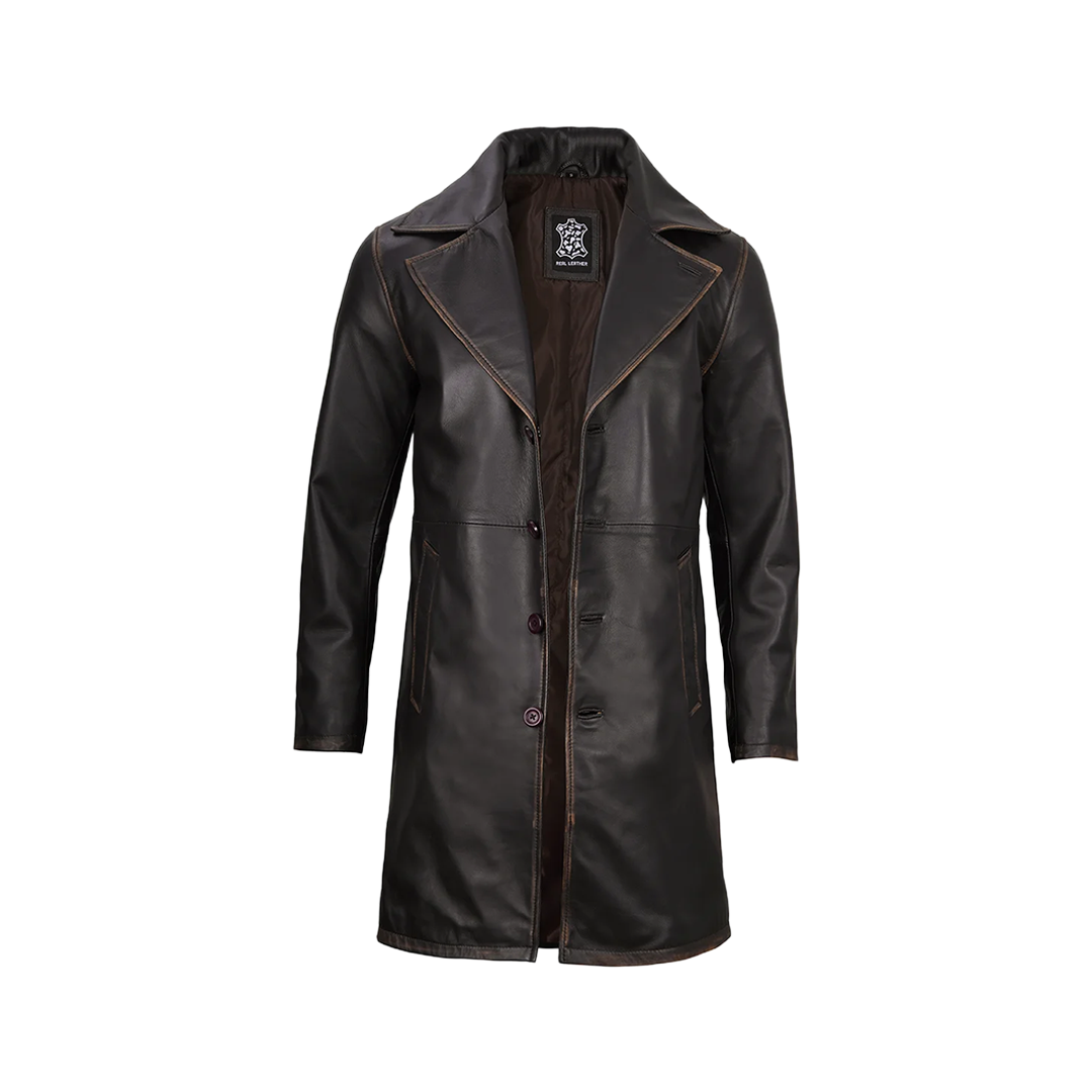 Men's Real Leather 3 4 Length Dark Brown Car Coat