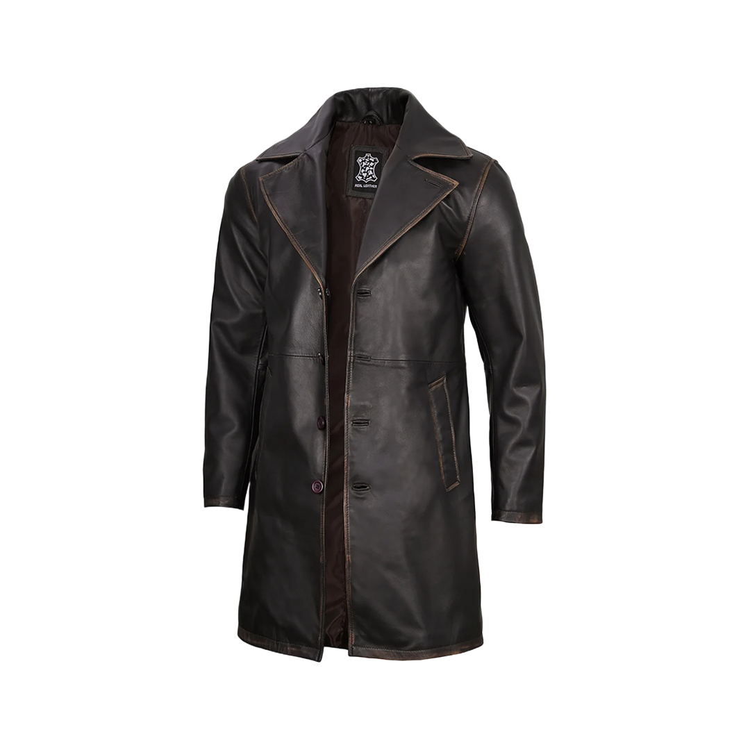 Men's Real Leather 3 4 Length Dark Brown Car Coat