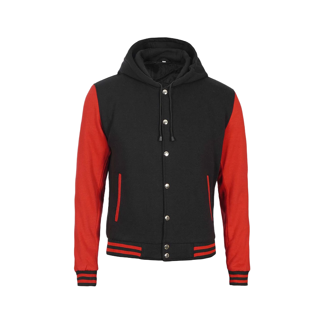 Men's Red and Black Varsity Letterman Jacket With Hood - Bomber Style