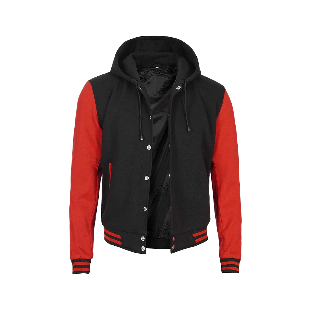 Men's Red and Black Varsity Letterman Jacket With Hood - Bomber Style