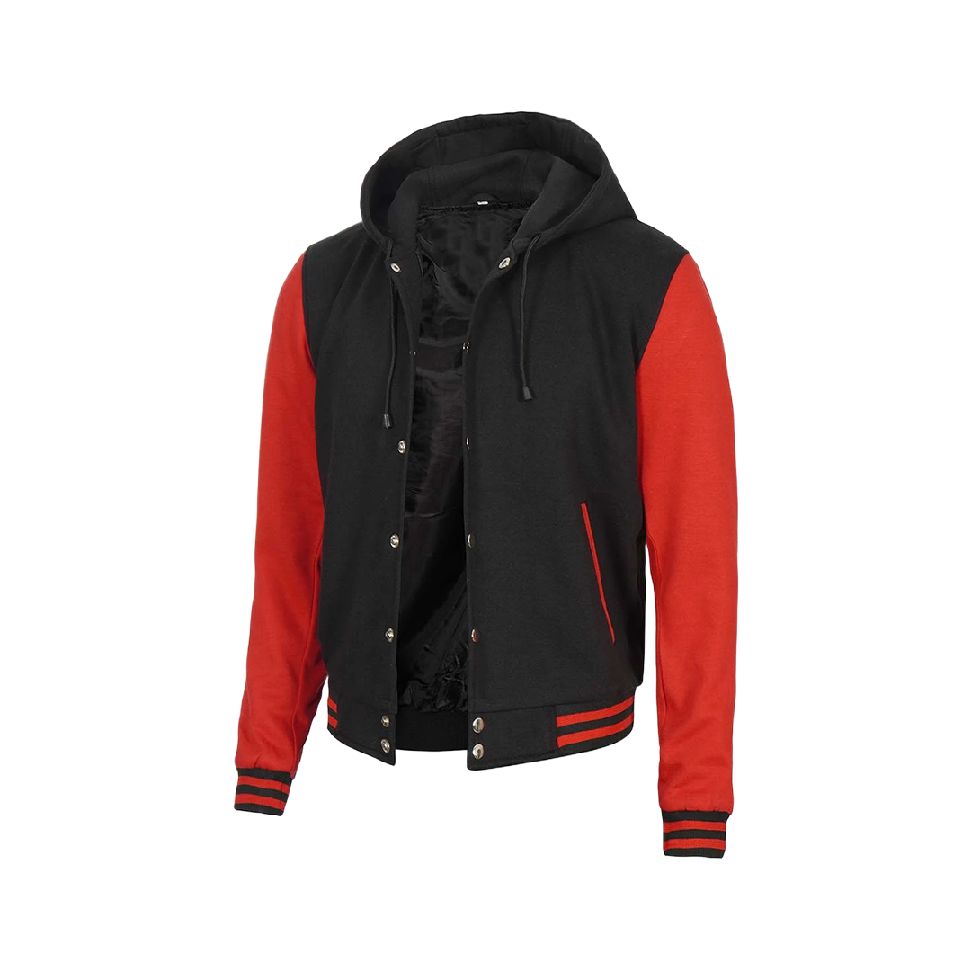 Men's Red and Black Varsity Letterman Jacket With Hood - Bomber Style