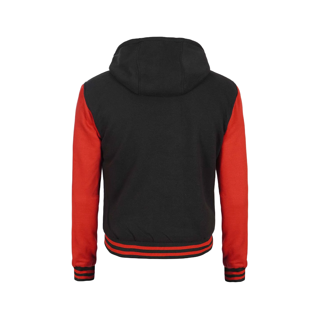 Men's Red and Black Varsity Letterman Jacket With Hood - Bomber Style