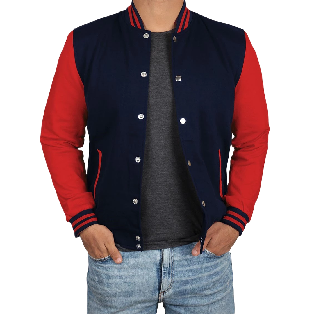 Men's Red and Navy Blue Varsity Jacket - Baseball Bomber Style