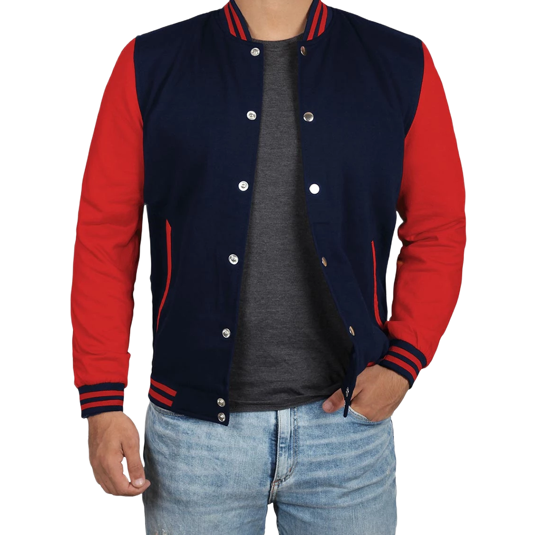 Men's Red and Navy Blue Varsity Jacket - Baseball Bomber Style