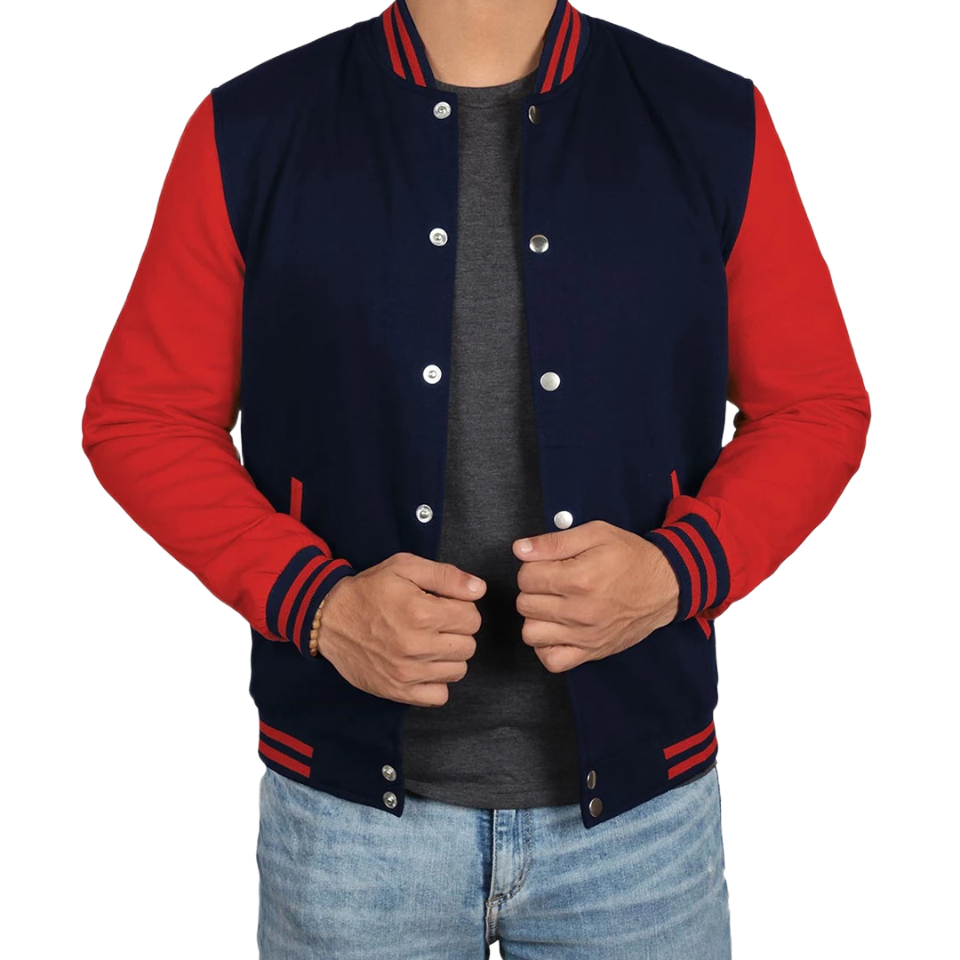 Men's Red and Navy Blue Varsity Jacket - Baseball Bomber Style
