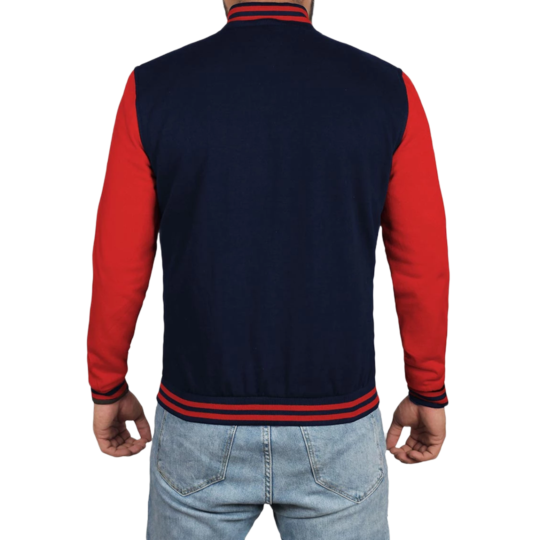 Men's Red and Navy Blue Varsity Jacket - Baseball Bomber Style