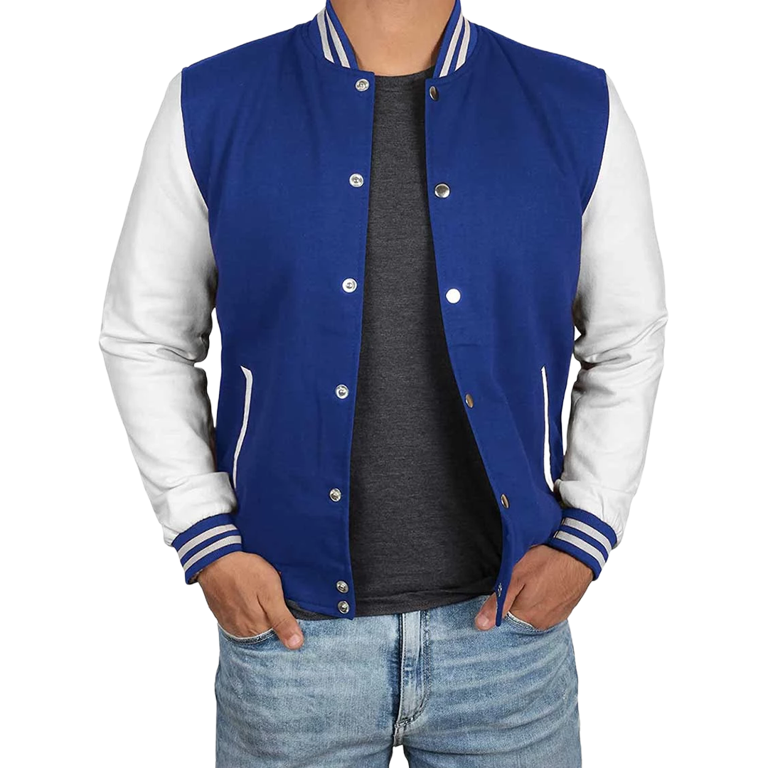 Men's Royal Blue & White Varsity Jacket - Classic Baseball Bomber Style