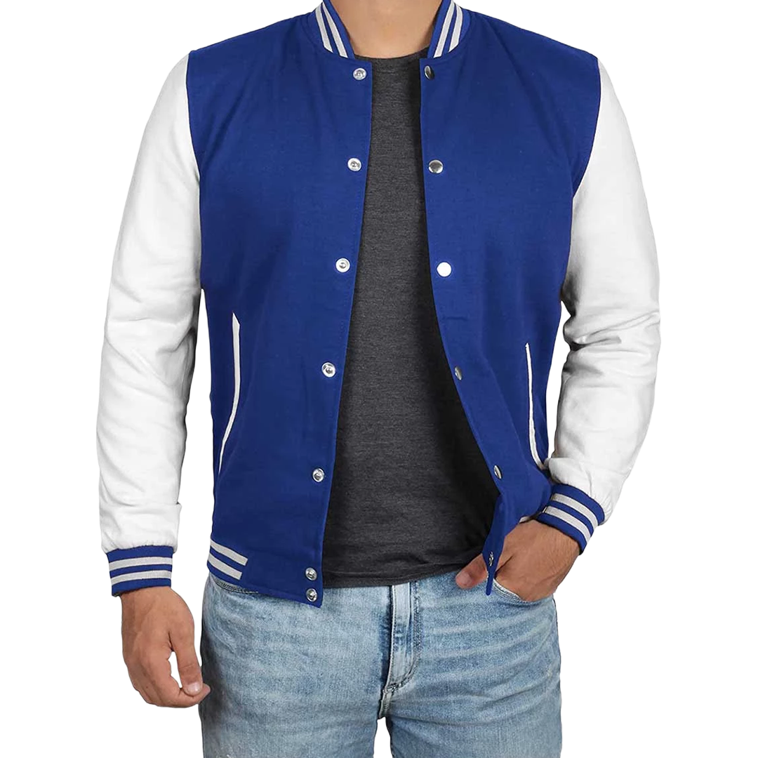 Men's Royal Blue & White Varsity Jacket - Classic Baseball Bomber Style