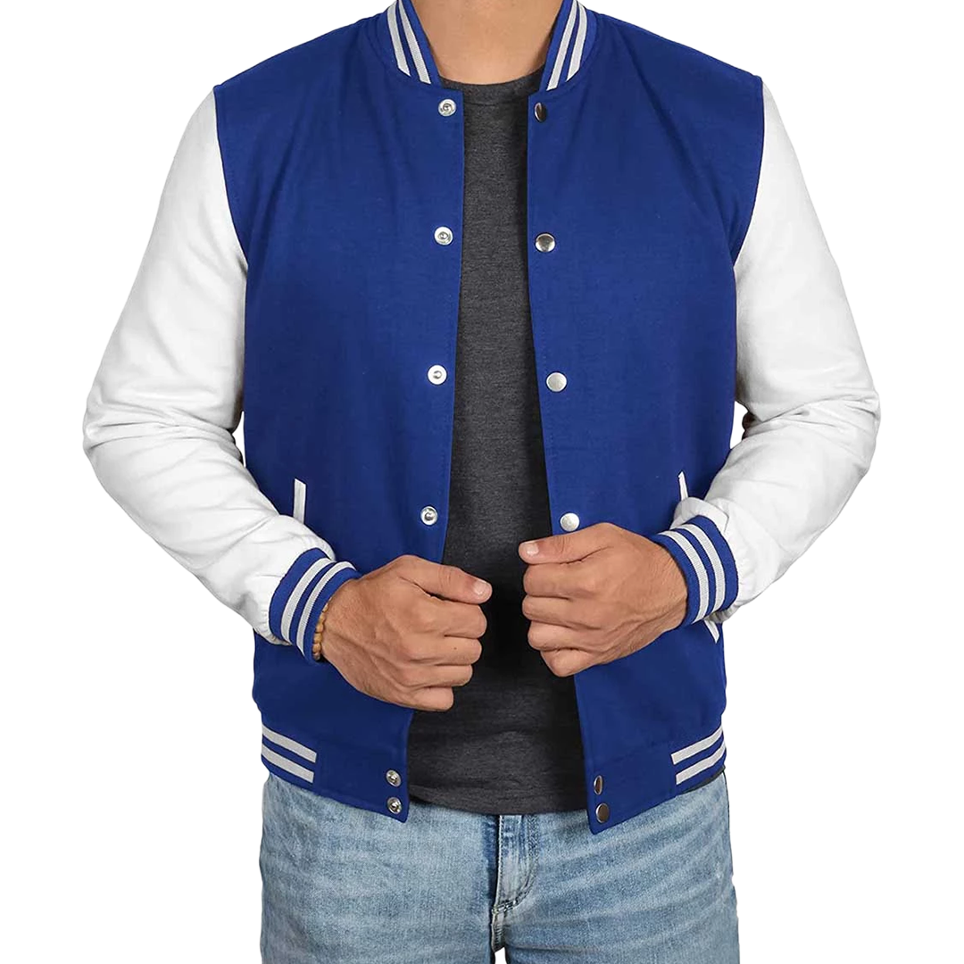 Men's Royal Blue & White Varsity Jacket - Classic Baseball Bomber Style