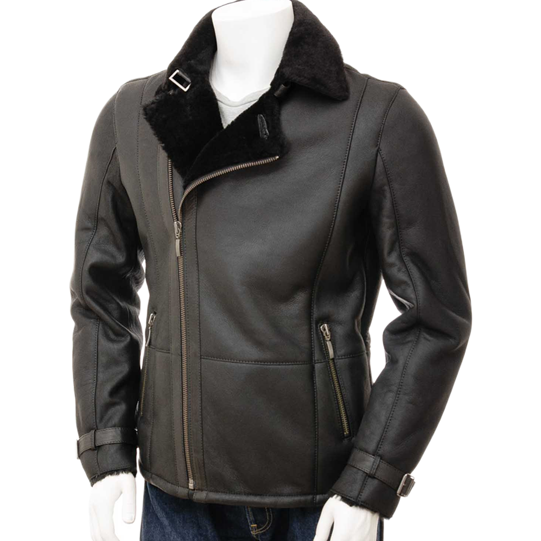 Men’s Sheepskin Biker Jacket In Black