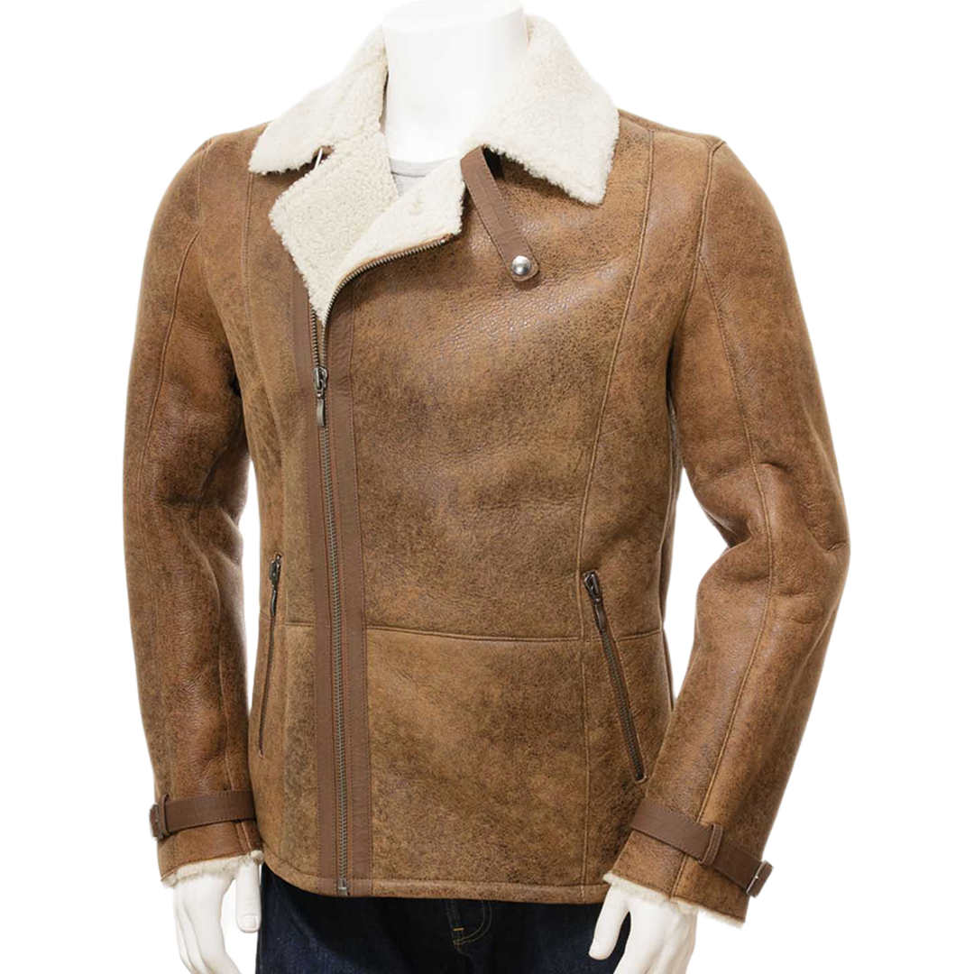 Men’s Sheepskin Biker Jacket In Brown