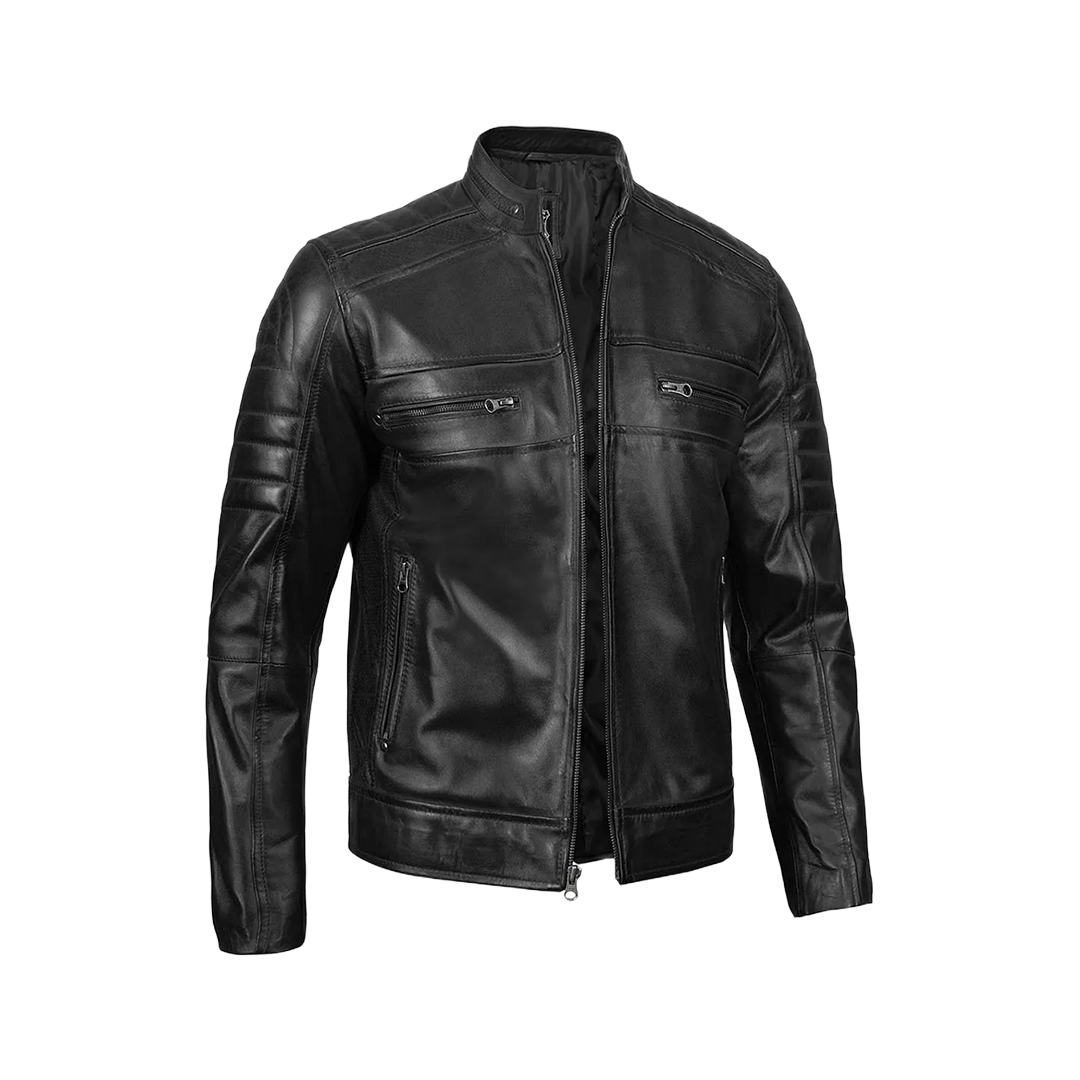 Men's Tall Black Cafe Racer Leather Jacket