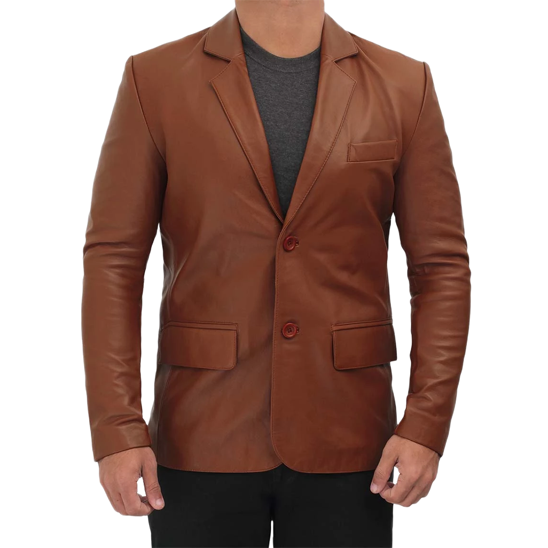 Men's Tall Cognac Brown Two Button Leather Blazer Jacket