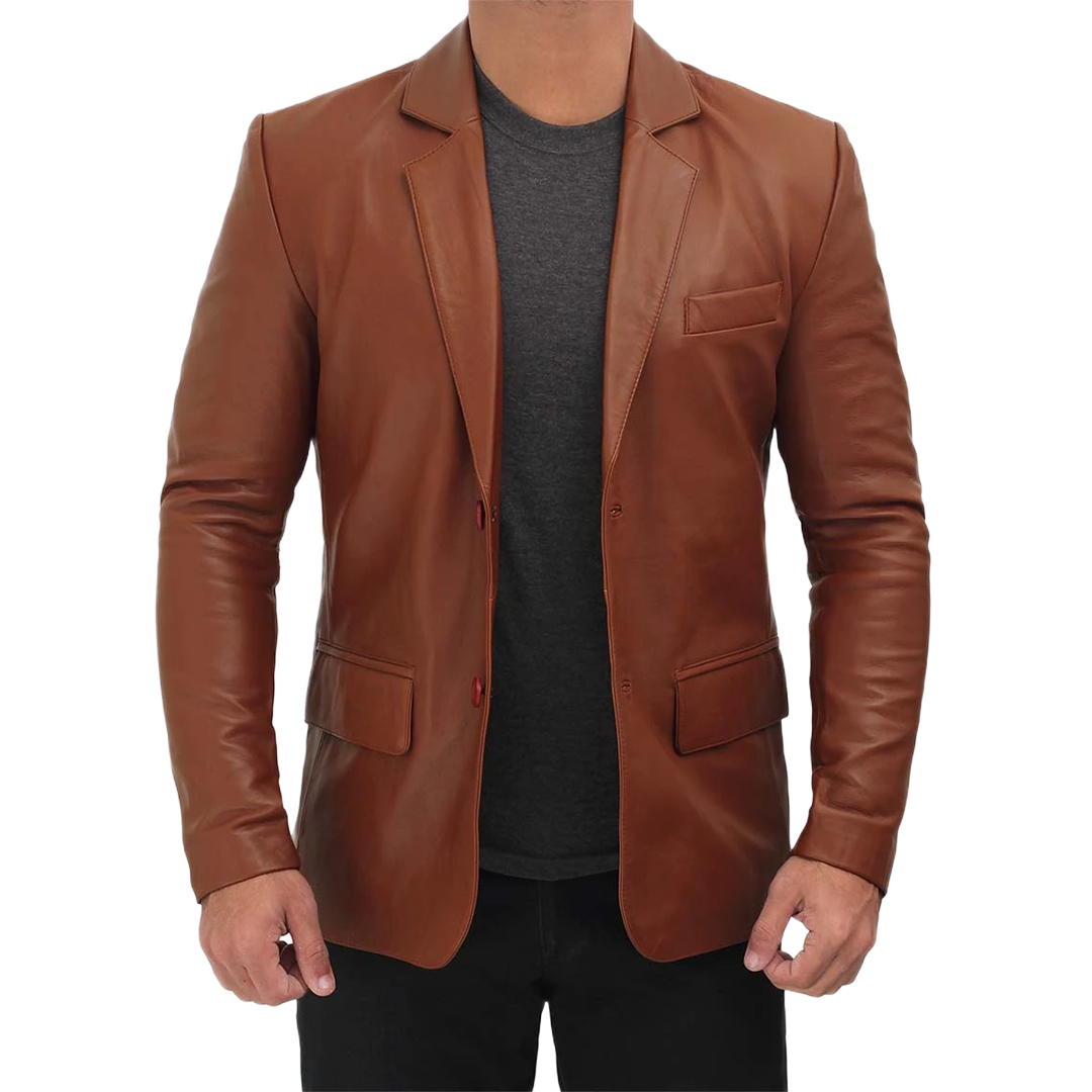 Men's Tall Cognac Brown Two Button Leather Blazer Jacket