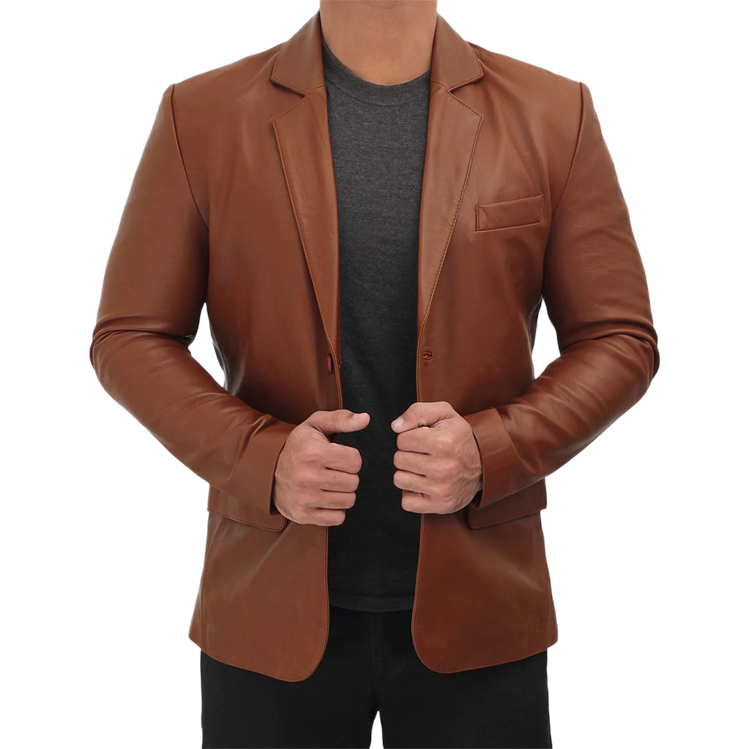 Men's Tall Cognac Brown Two Button Leather Blazer Jacket