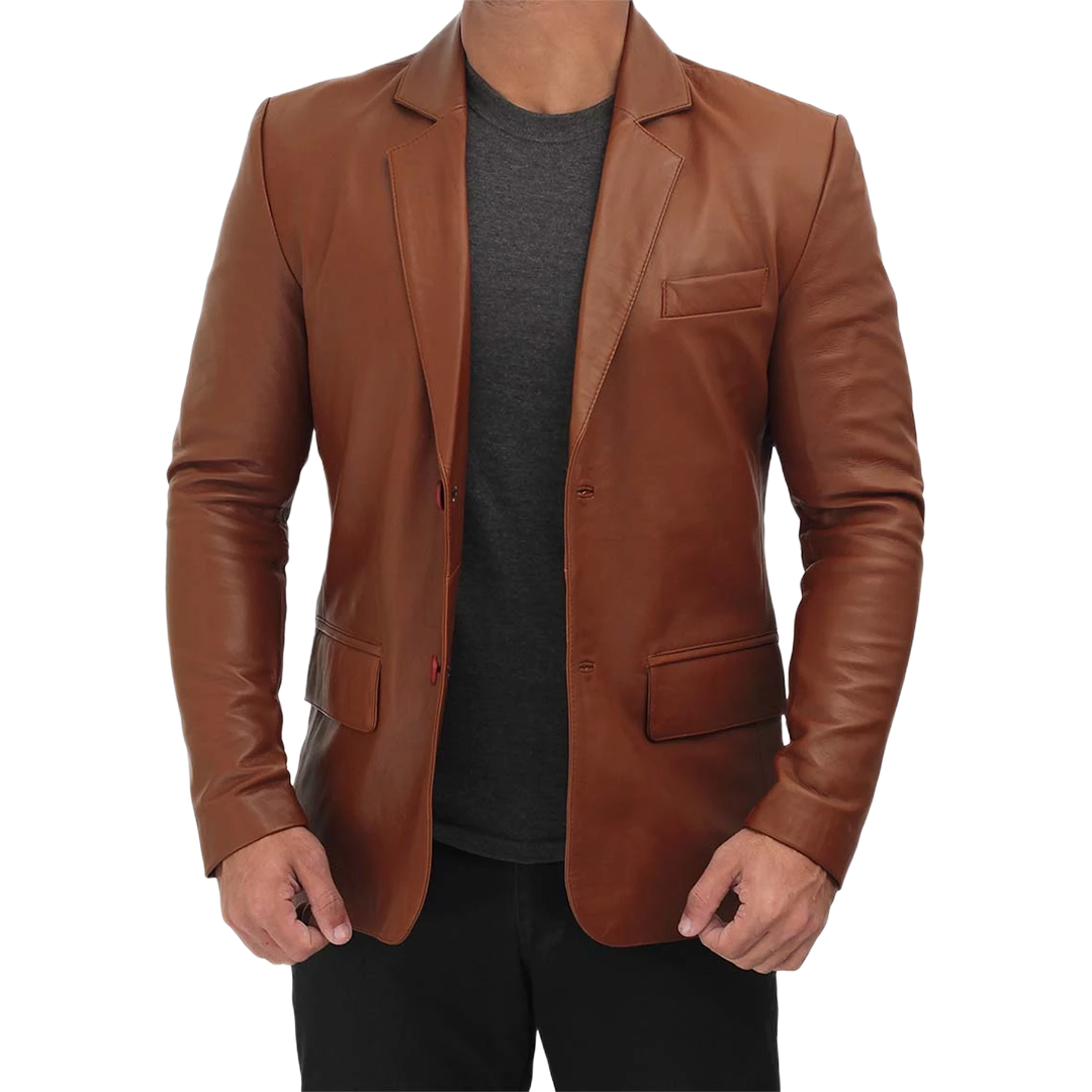 Men's Tall Cognac Brown Two Button Leather Blazer Jacket