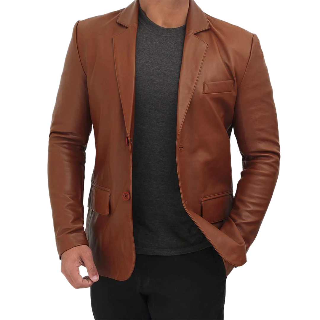 Men's Tall Cognac Brown Two Button Leather Blazer Jacket