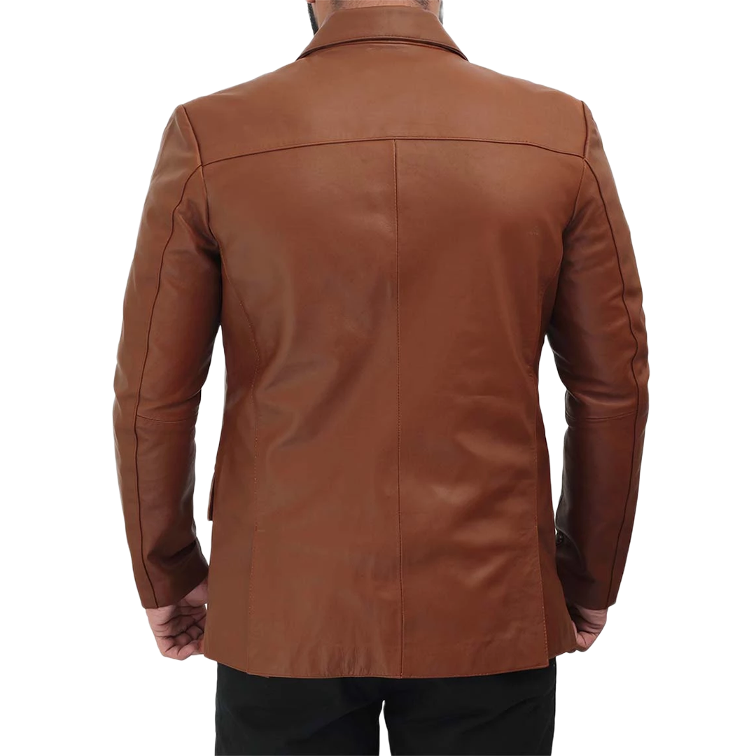 Men's Tall Cognac Brown Two Button Leather Blazer Jacket