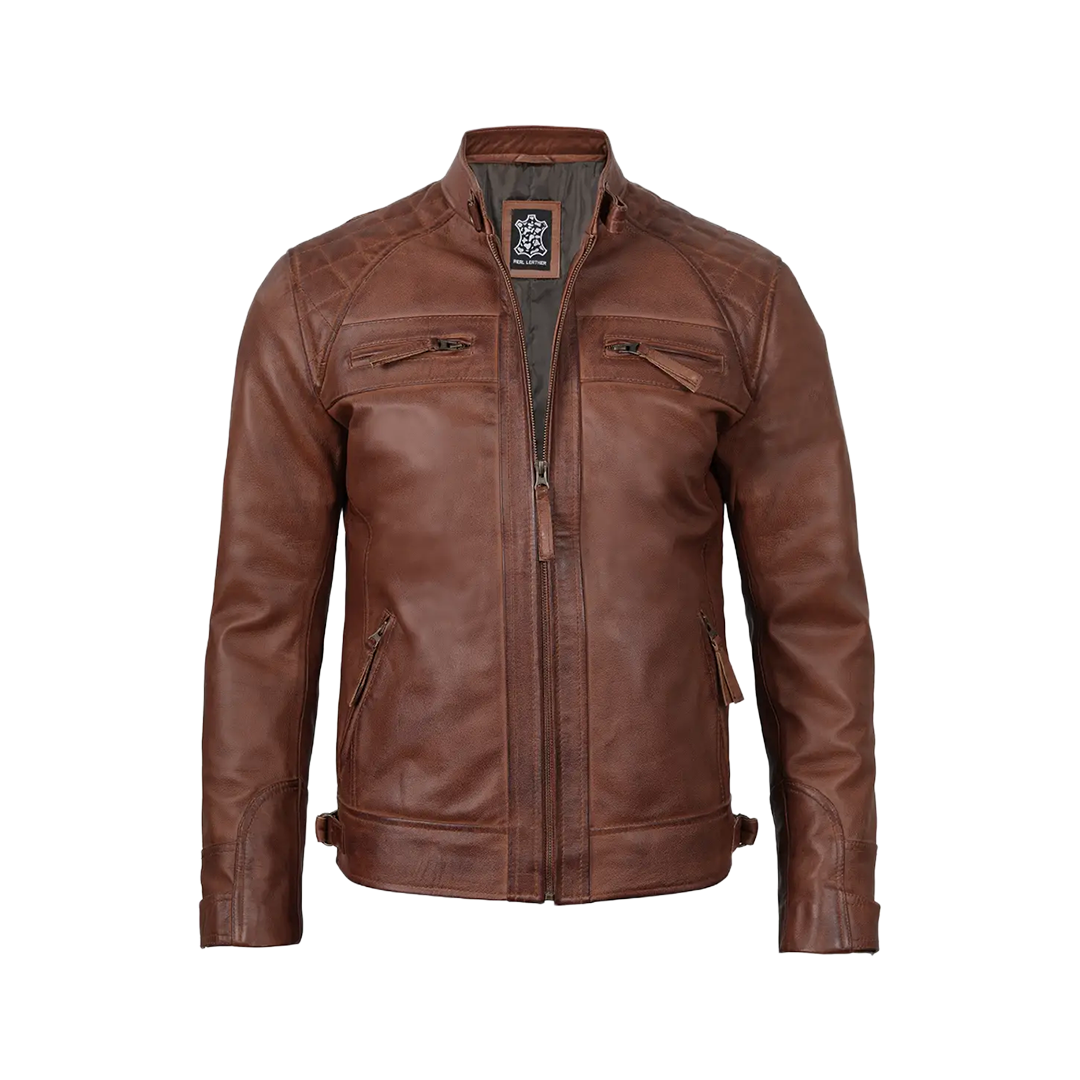 Men's Tall Cognac Cafe Racer Leather Jacket