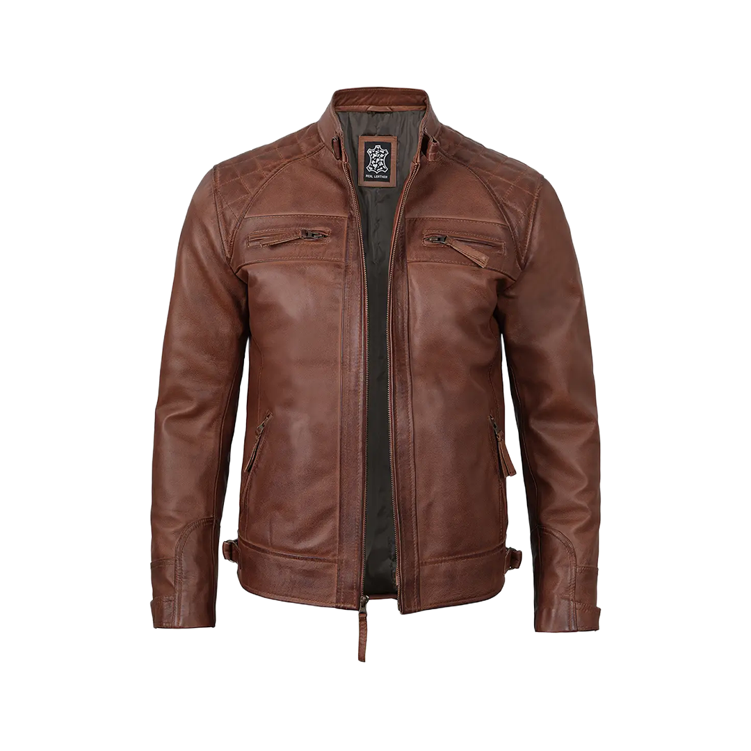 Men's Tall Cognac Cafe Racer Leather Jacket