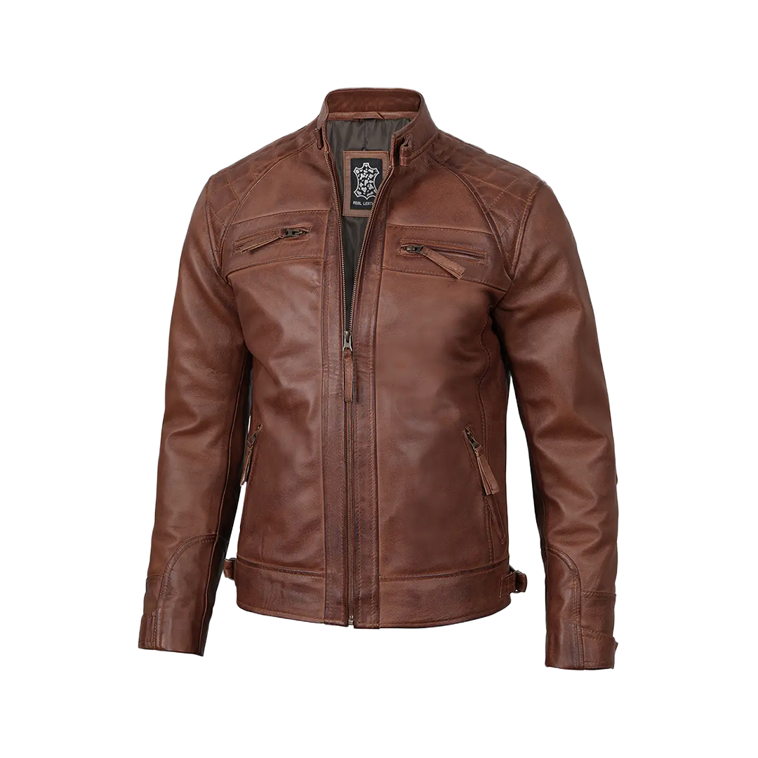 Men's Tall Cognac Cafe Racer Leather Jacket