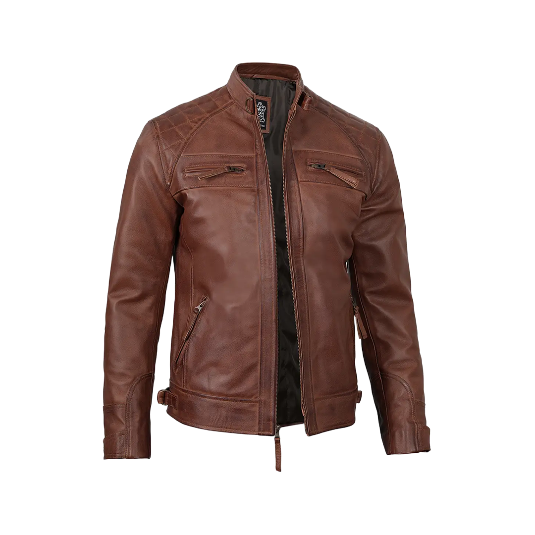 Men's Tall Cognac Cafe Racer Leather Jacket
