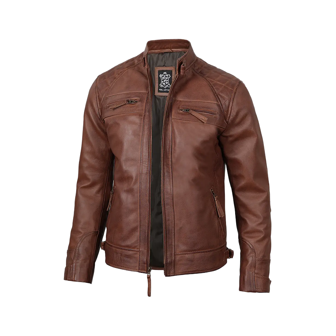 Men's Tall Cognac Cafe Racer Leather Jacket