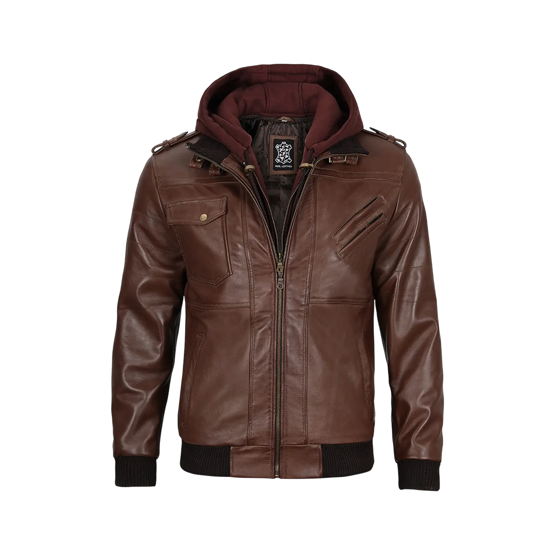 Men's Tall Dark Brown Leather Bomber Jacket With Hood