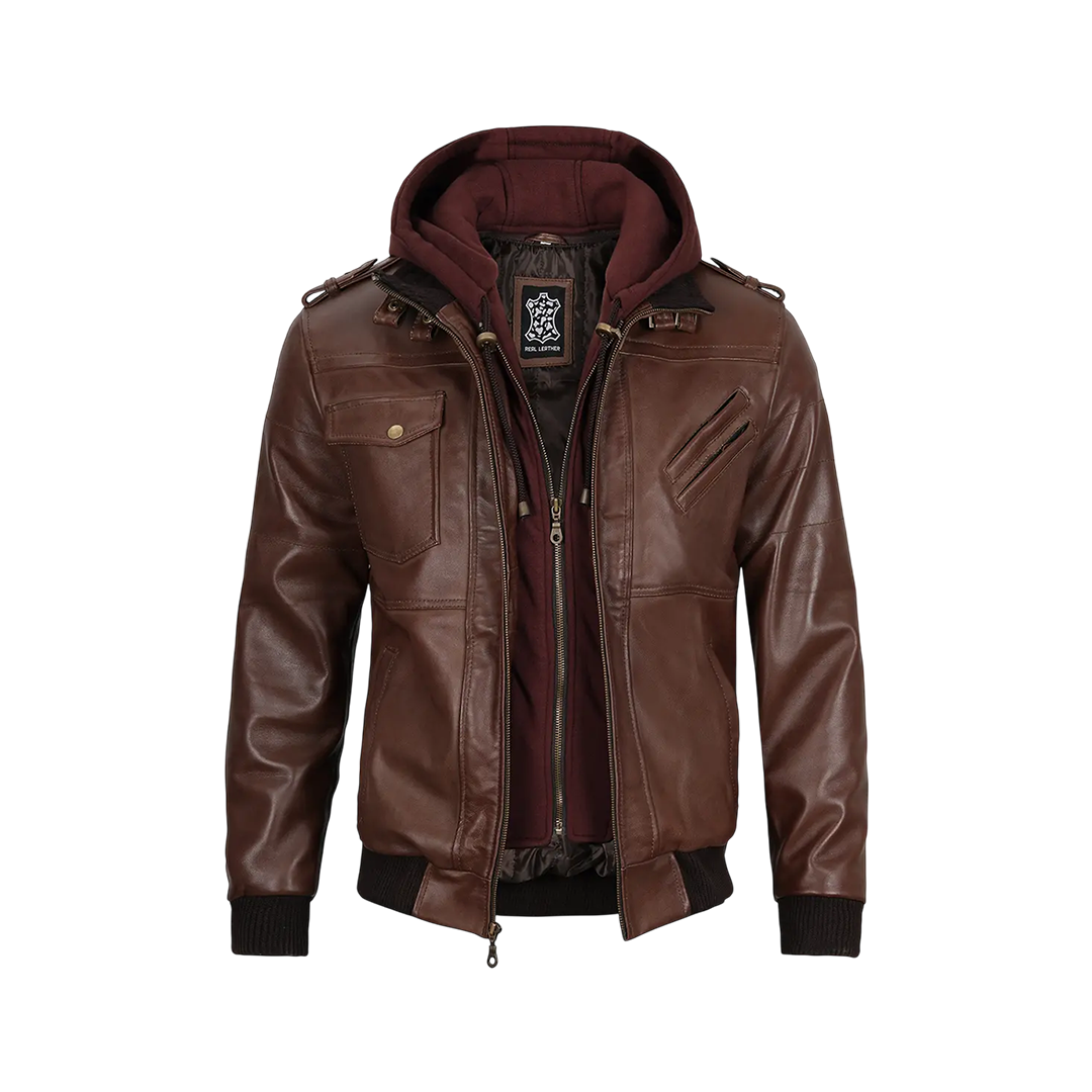 Men's Tall Dark Brown Leather Bomber Jacket With Hood