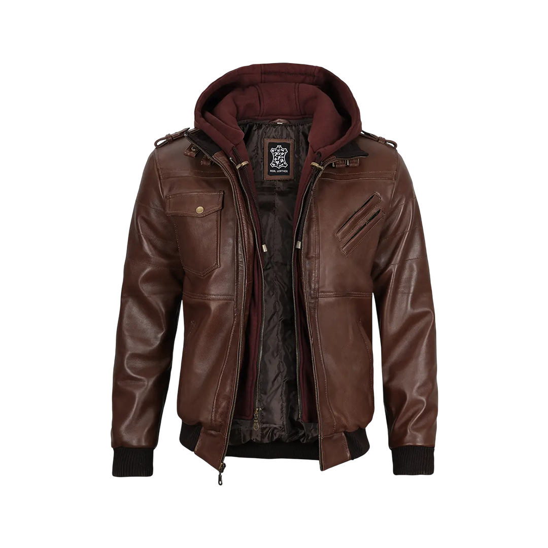Men's Tall Dark Brown Leather Bomber Jacket With Hood