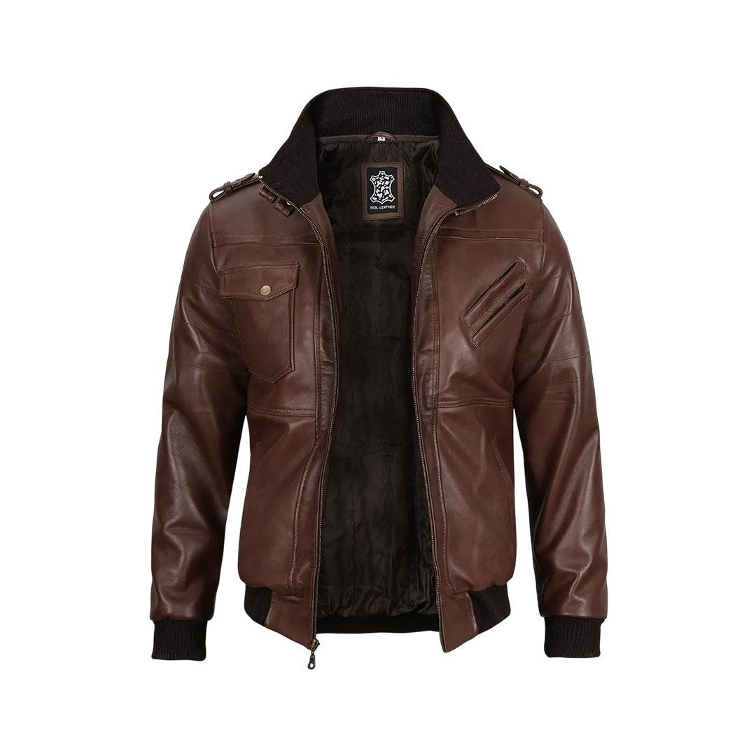 Men's Tall Dark Brown Leather Bomber Jacket With Hood