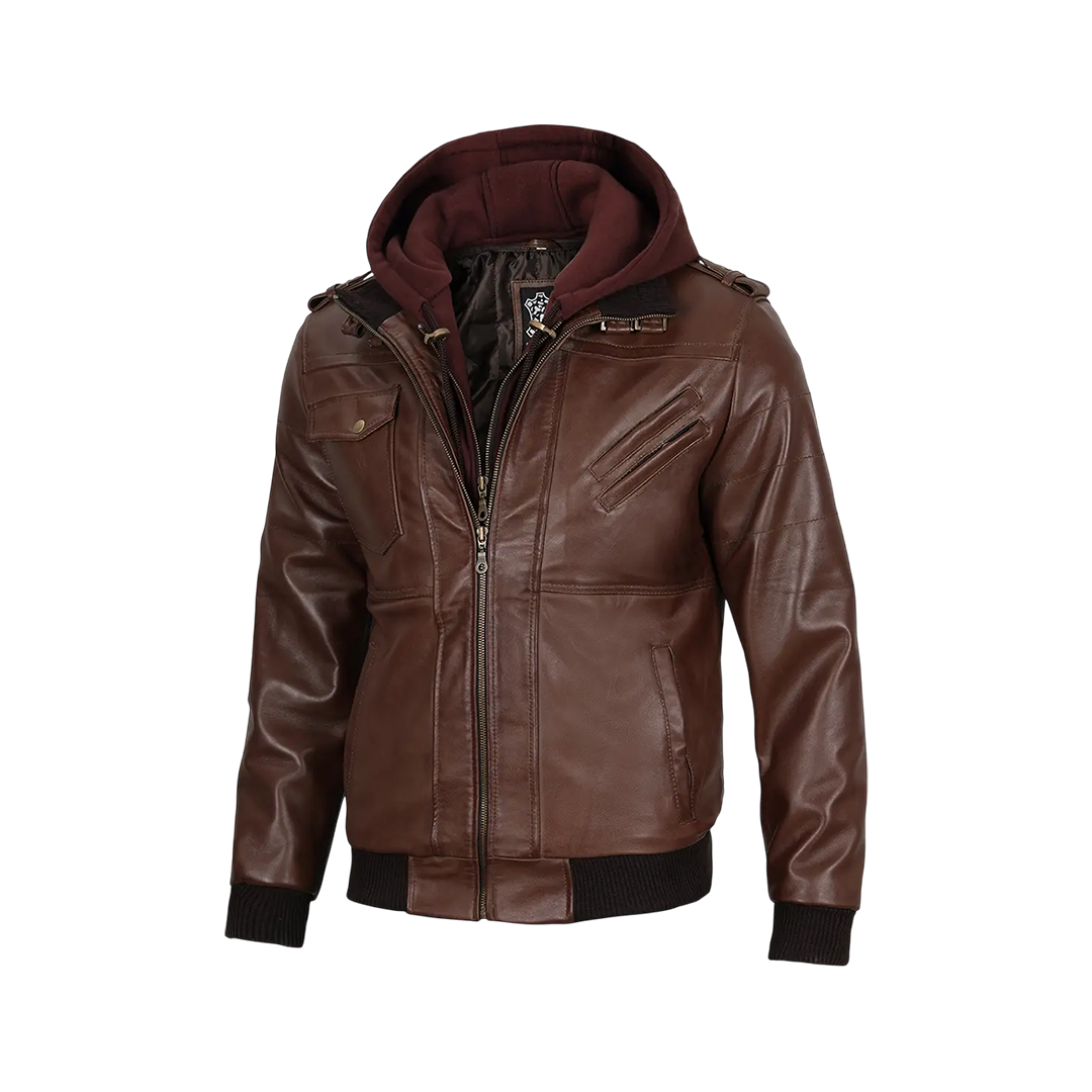 Men's Tall Dark Brown Leather Bomber Jacket With Hood