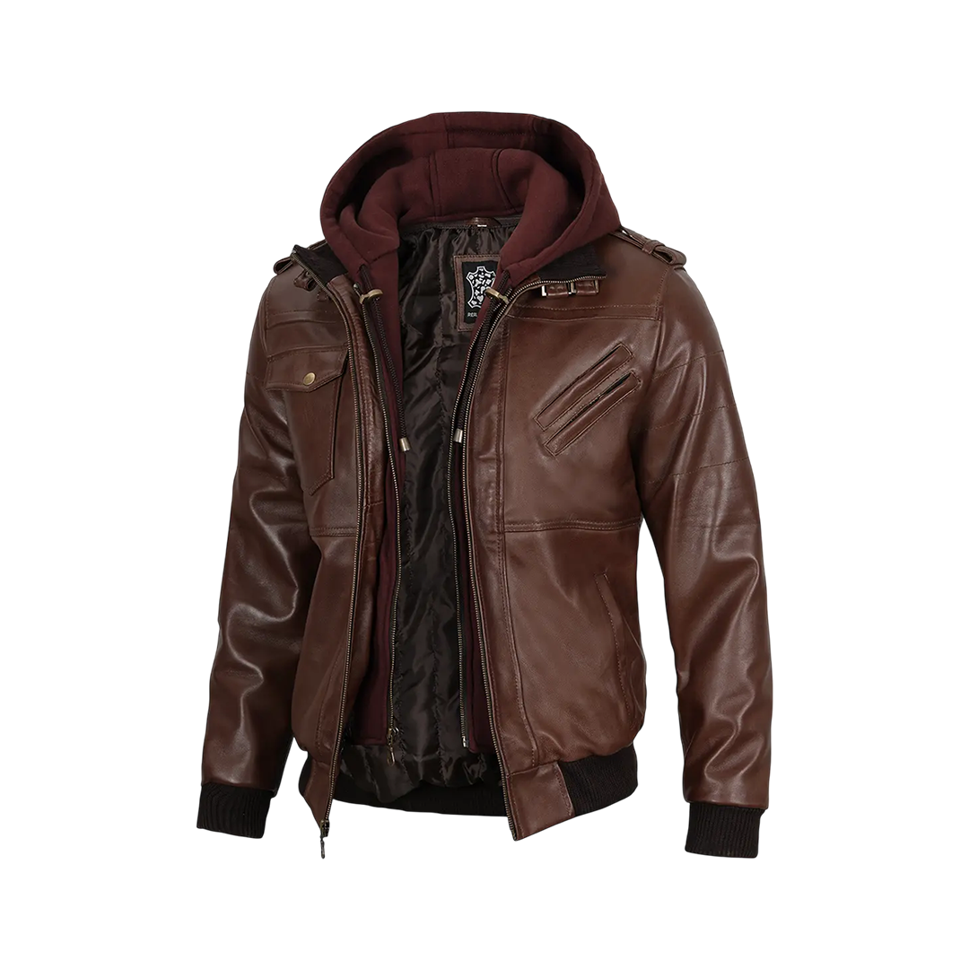 Men's Tall Dark Brown Leather Bomber Jacket With Hood