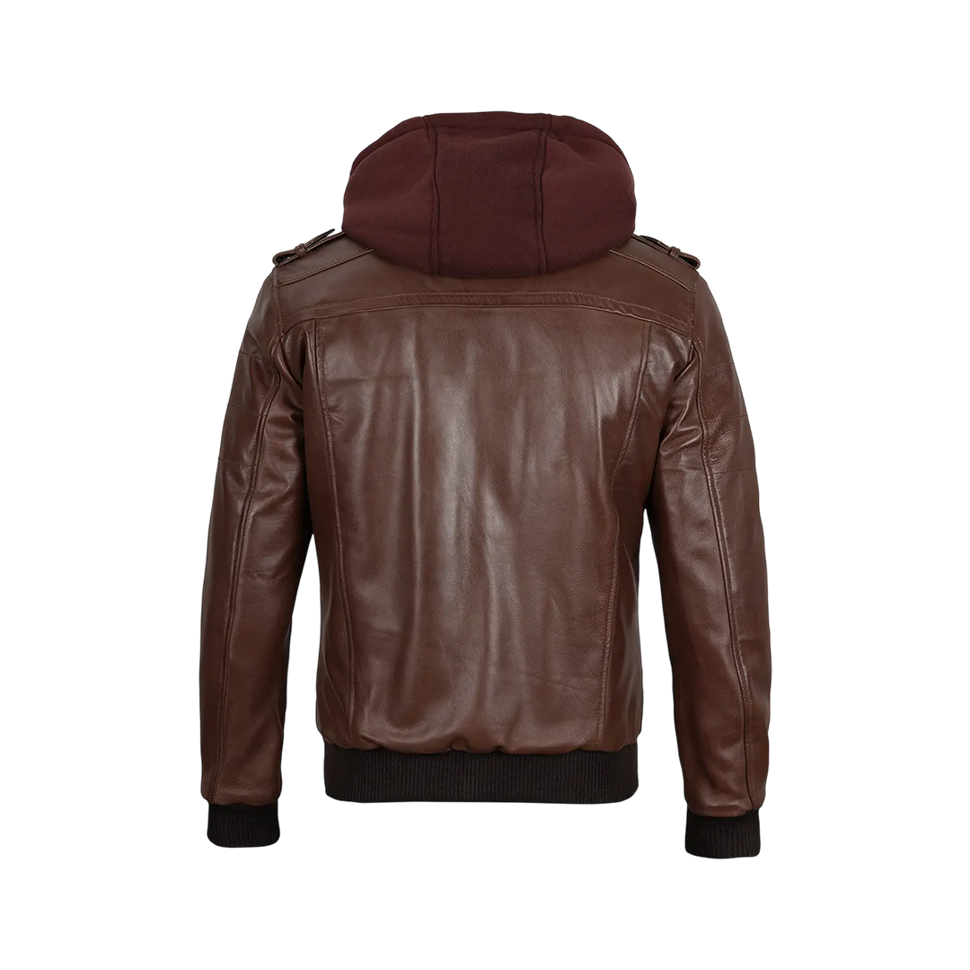 Men's Tall Dark Brown Leather Bomber Jacket With Hood