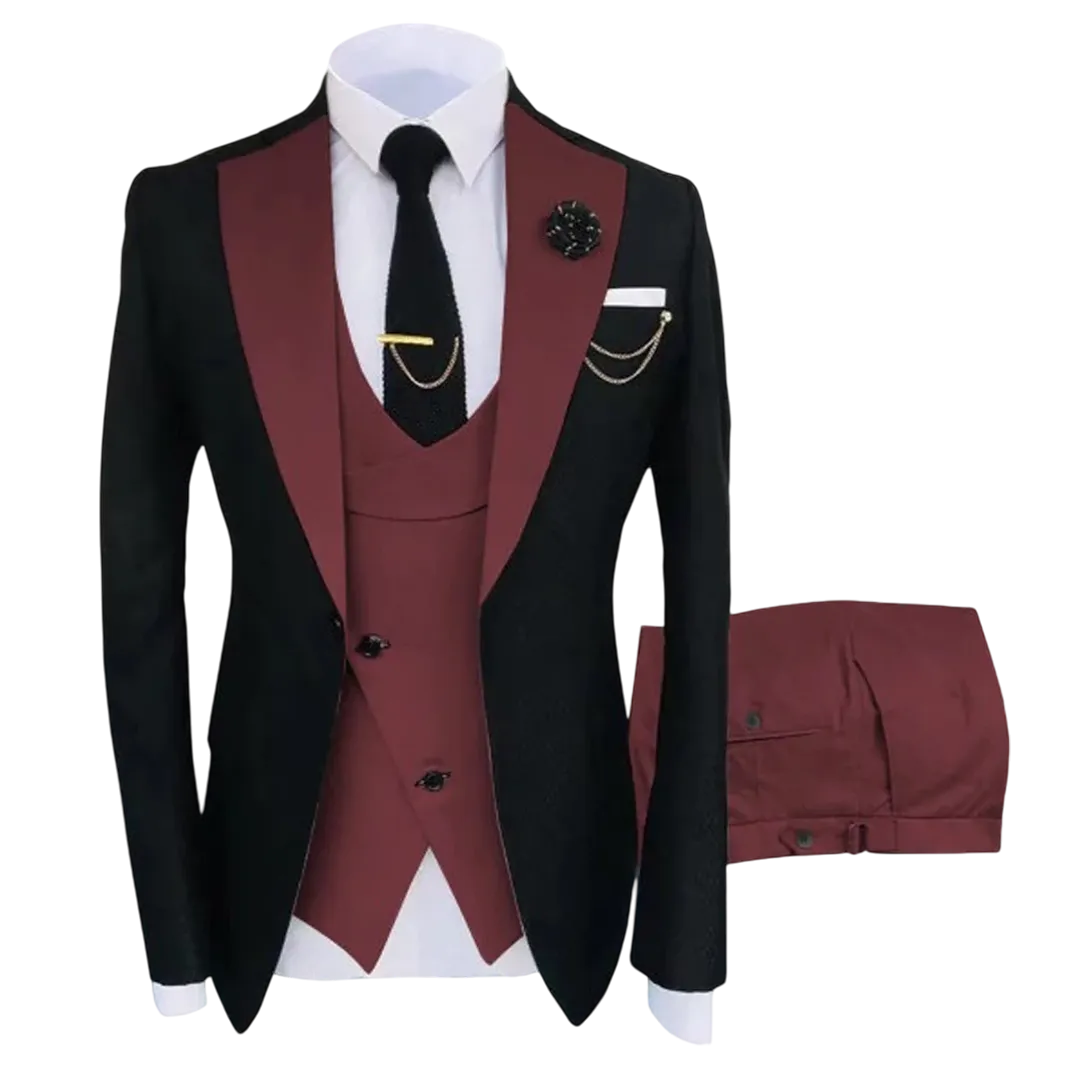 Men's Three Piece Black and Maroon Tuxedo