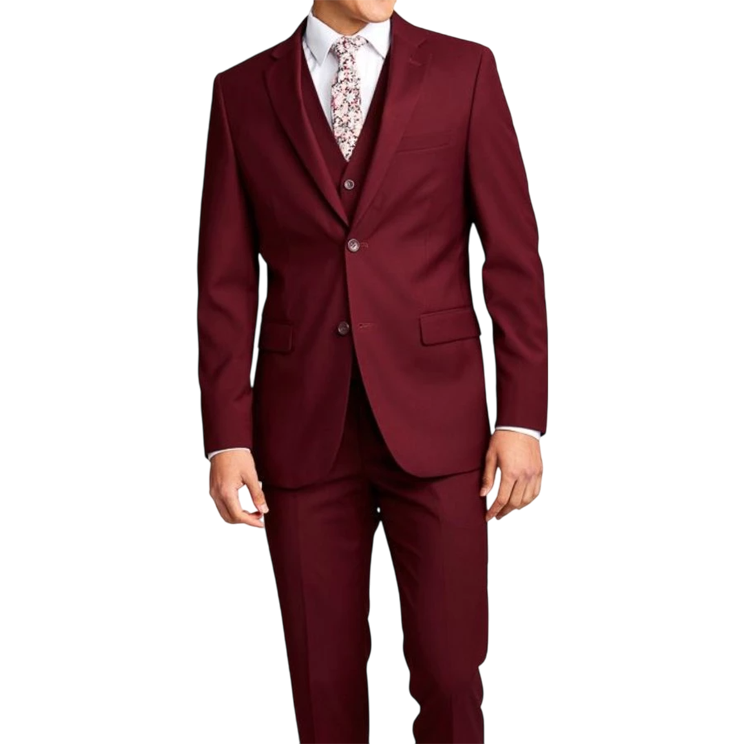 Men's Three-Piece Slim Fit Maroon Suit - Wedding Suit for Men
