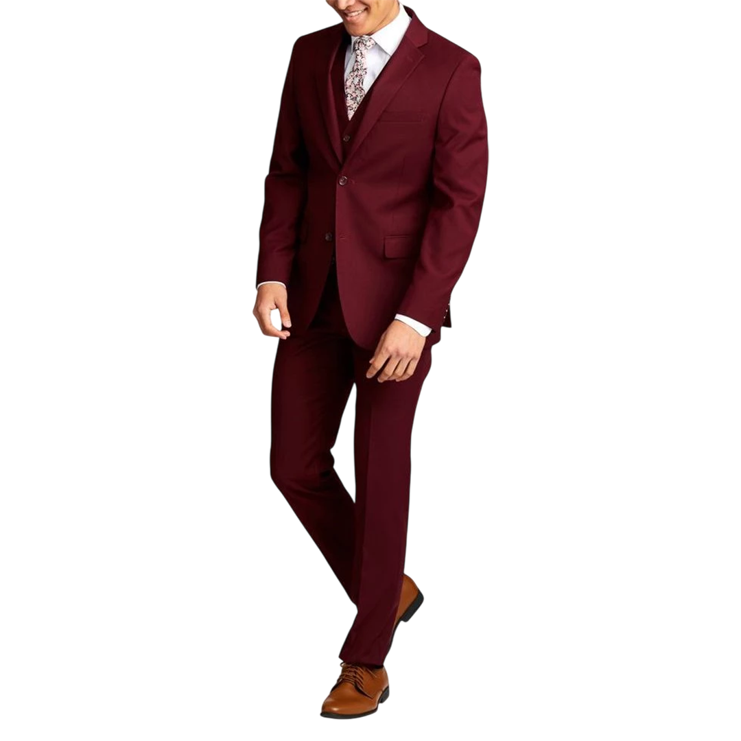 Men's Three-Piece Slim Fit Maroon Suit - Wedding Suit for Men