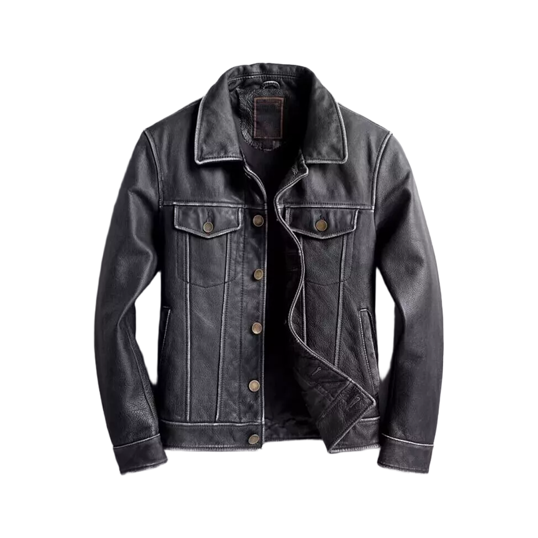 Men's Trucker Black Real Genuine Leather Biker Cafe Racer Vintage Jacket