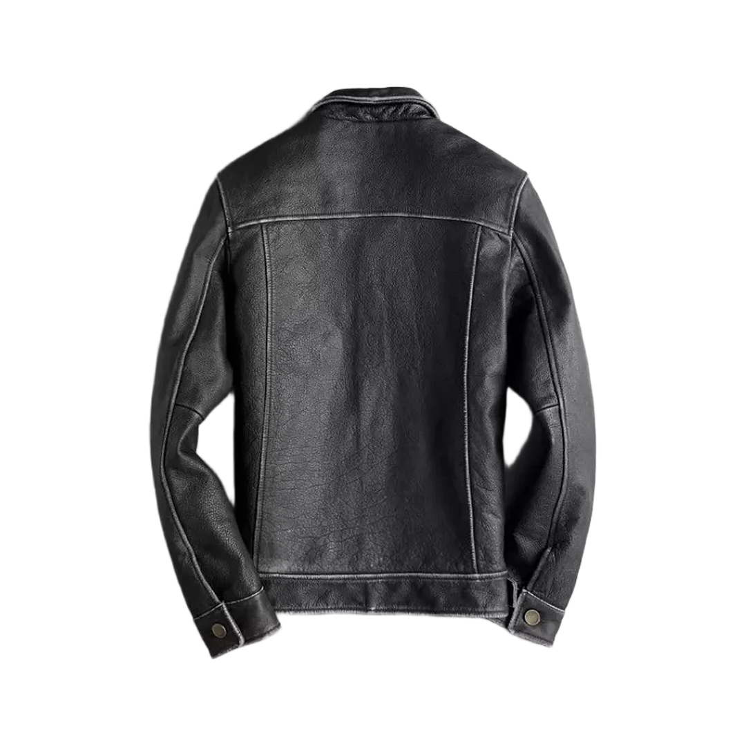Men's Trucker Black Real Genuine Leather Biker Cafe Racer Vintage Jacket