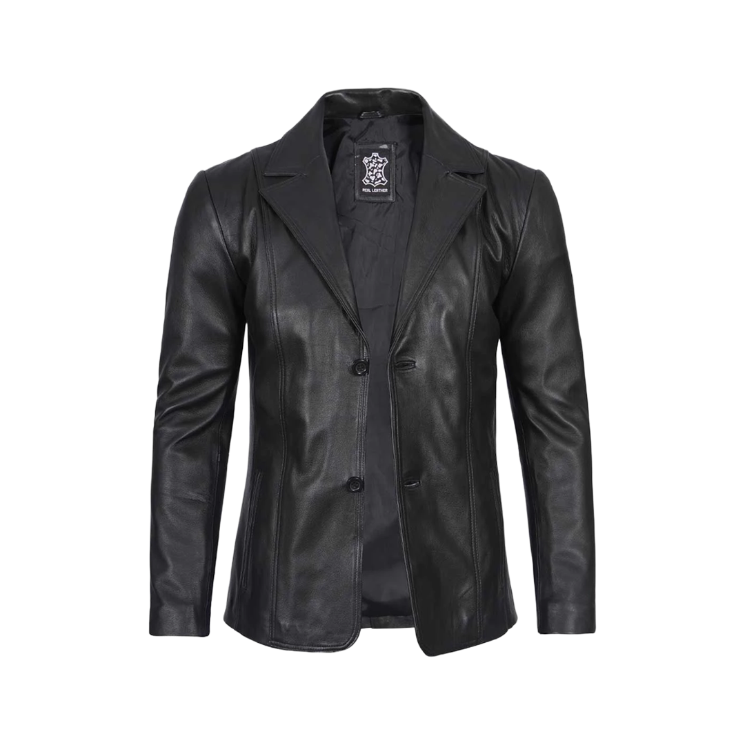 Men's Two Button Black Leather Blazer