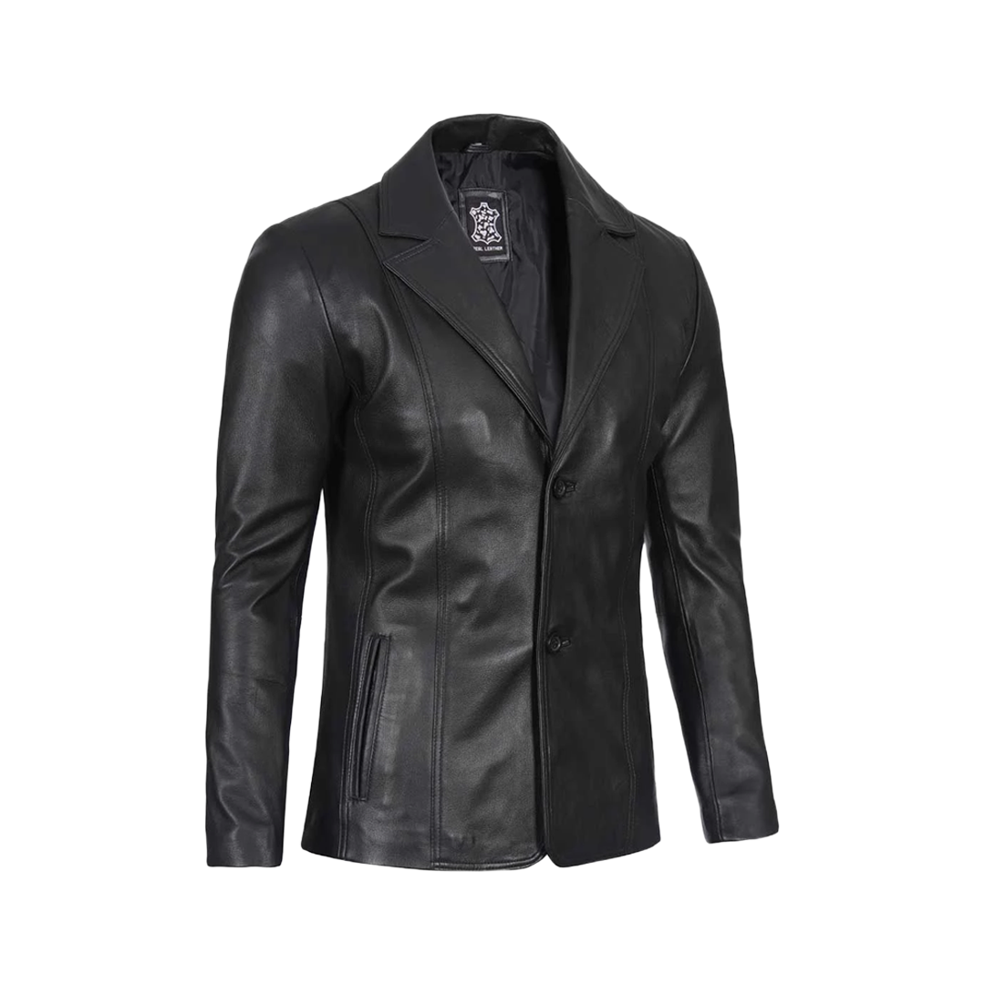 Men's Two Button Black Leather Blazer