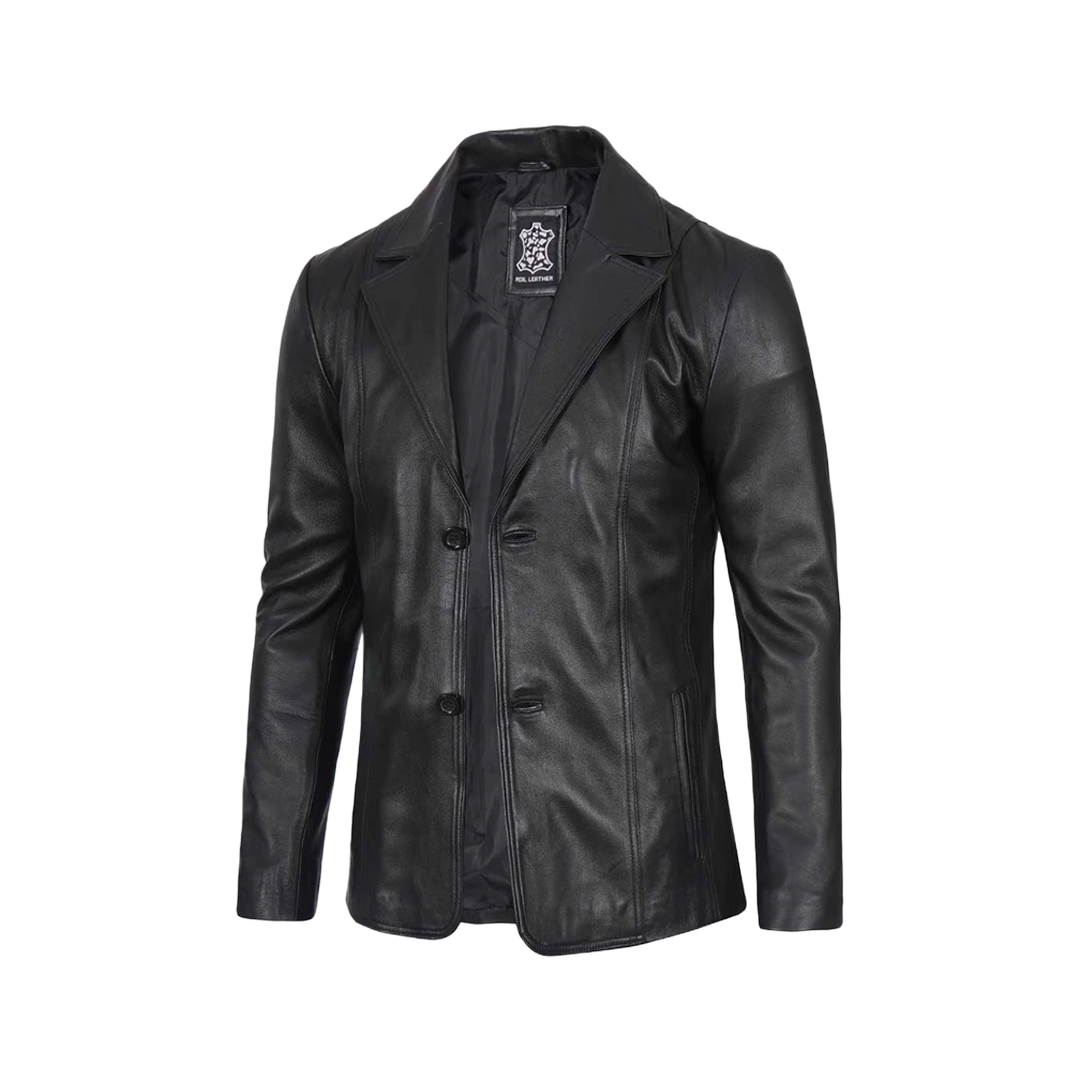 Men's Two Button Black Leather Blazer
