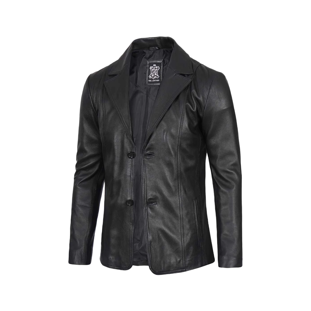 Men's Two Button Black Leather Blazer