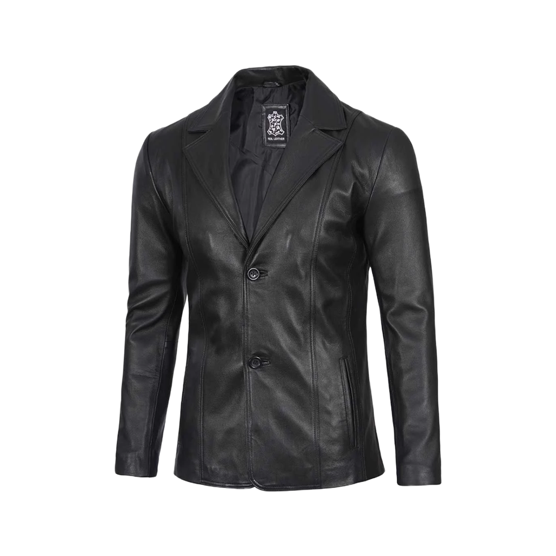 Men's Two Button Black Leather Blazer