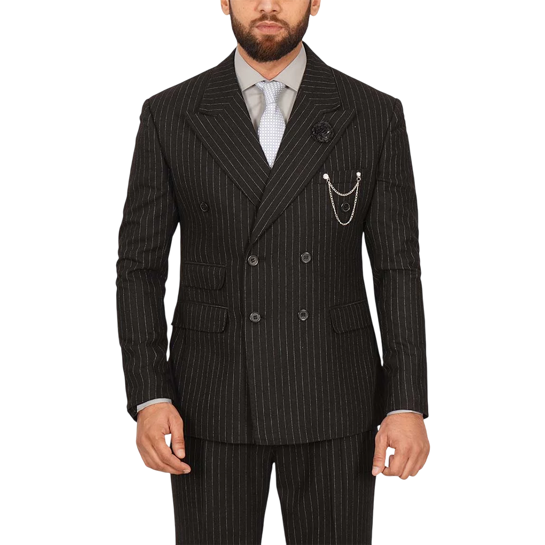 Men's Two Piece Double-Breasted Pinstripe Black Suit