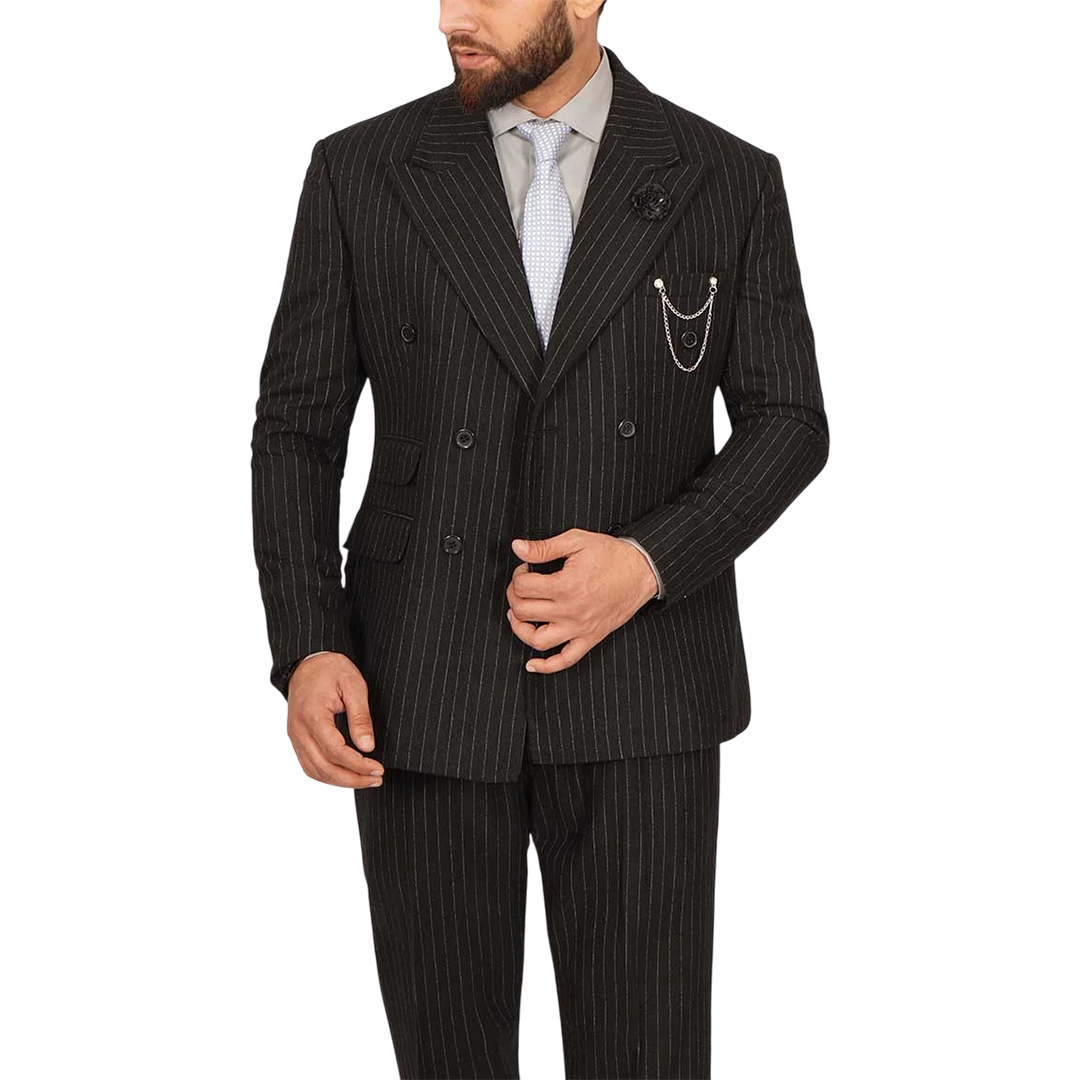 Men's Two Piece Double-Breasted Pinstripe Black Suit
