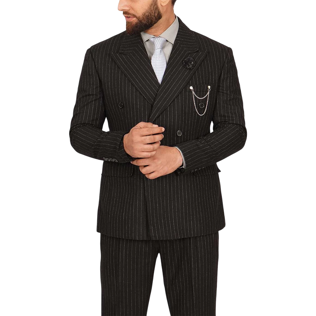 Men's Two Piece Double-Breasted Pinstripe Black Suit