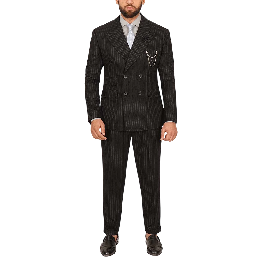 Men's Two Piece Double-Breasted Pinstripe Black Suit