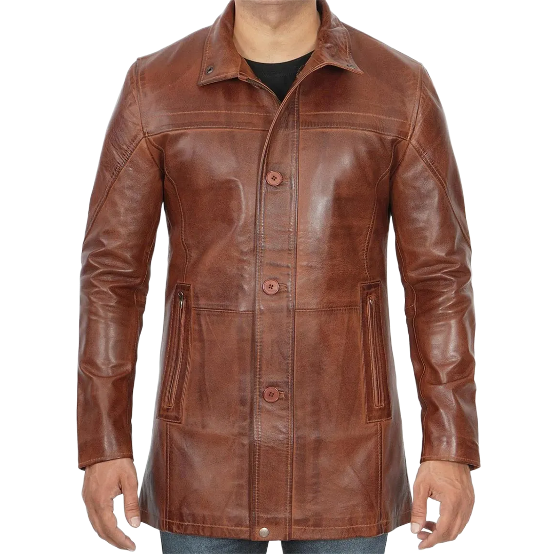 Men's Vintage Cognac Leather Car Coat