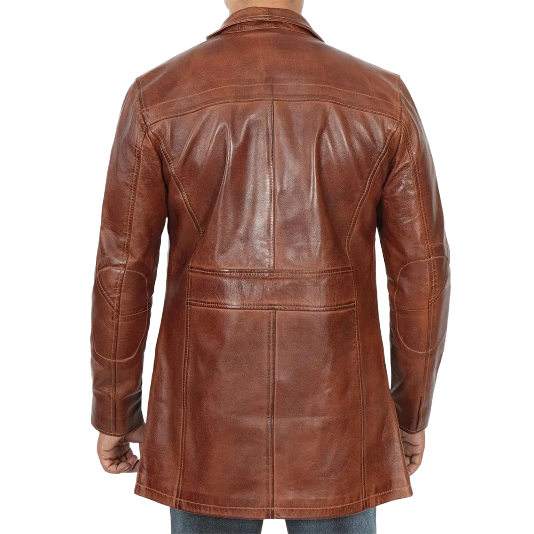 Men's Vintage Cognac Leather Car Coat